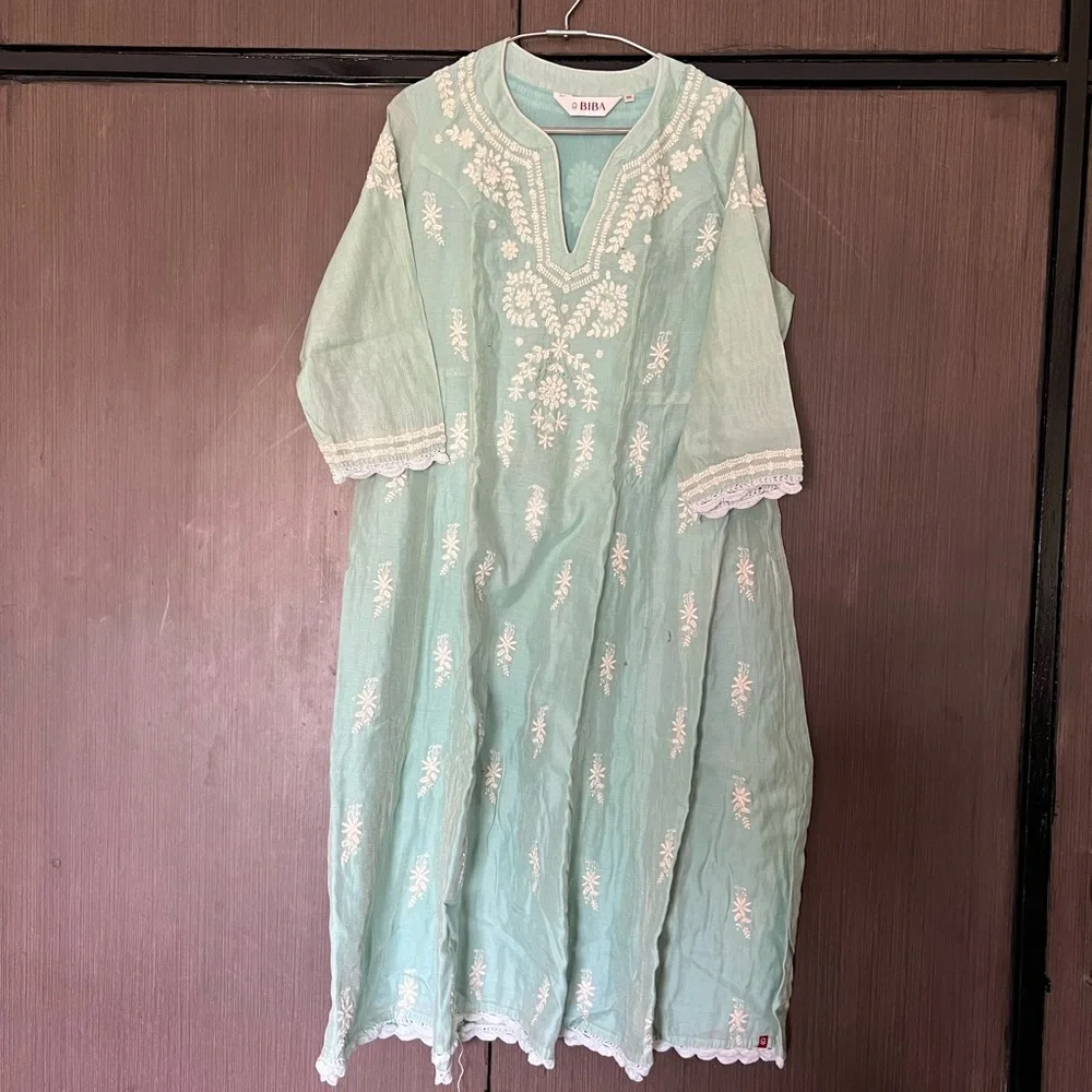 3 piece set Kurta/bottom/dupatta silk cotton ethnic wear light green Biba size:L - Picture 1 of 5
